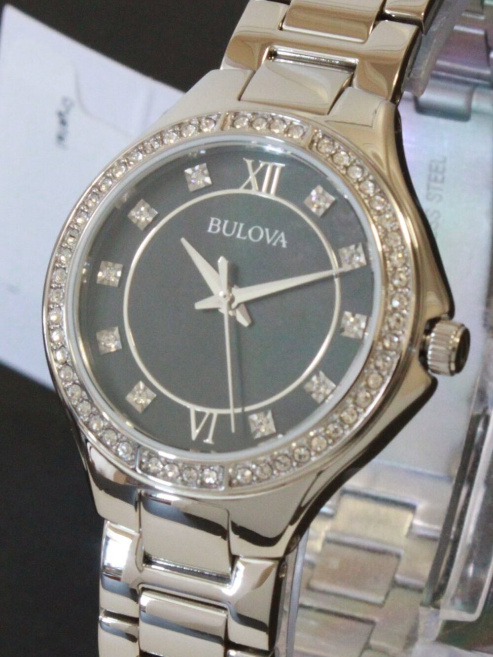 Bulova Classic Quartz Watch Black MOP Dial Crystal Bezel And Indices 30mm - Picture 7 of 13